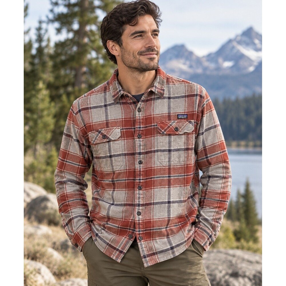 Patagonia Fjord Flannel Shirt Men’s L Buckstop Plaid Roots Red Organic Cotton